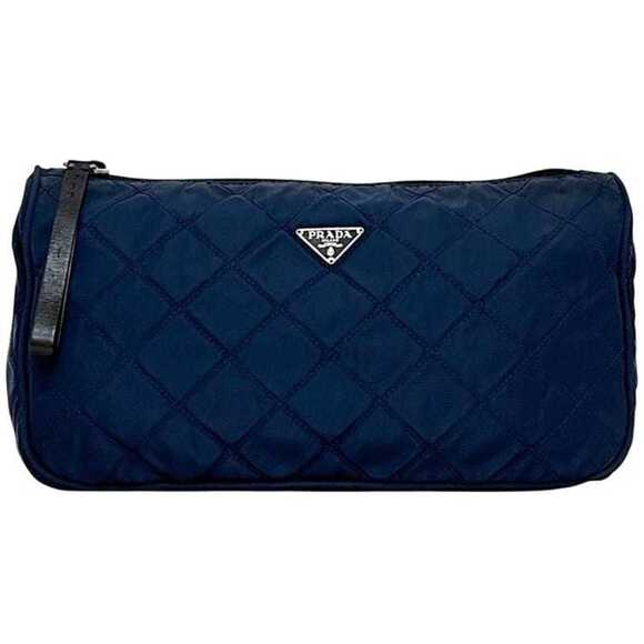 Prada pouch ec-24805 navy Tessuto nylon size 58 with quilted triangle plat...